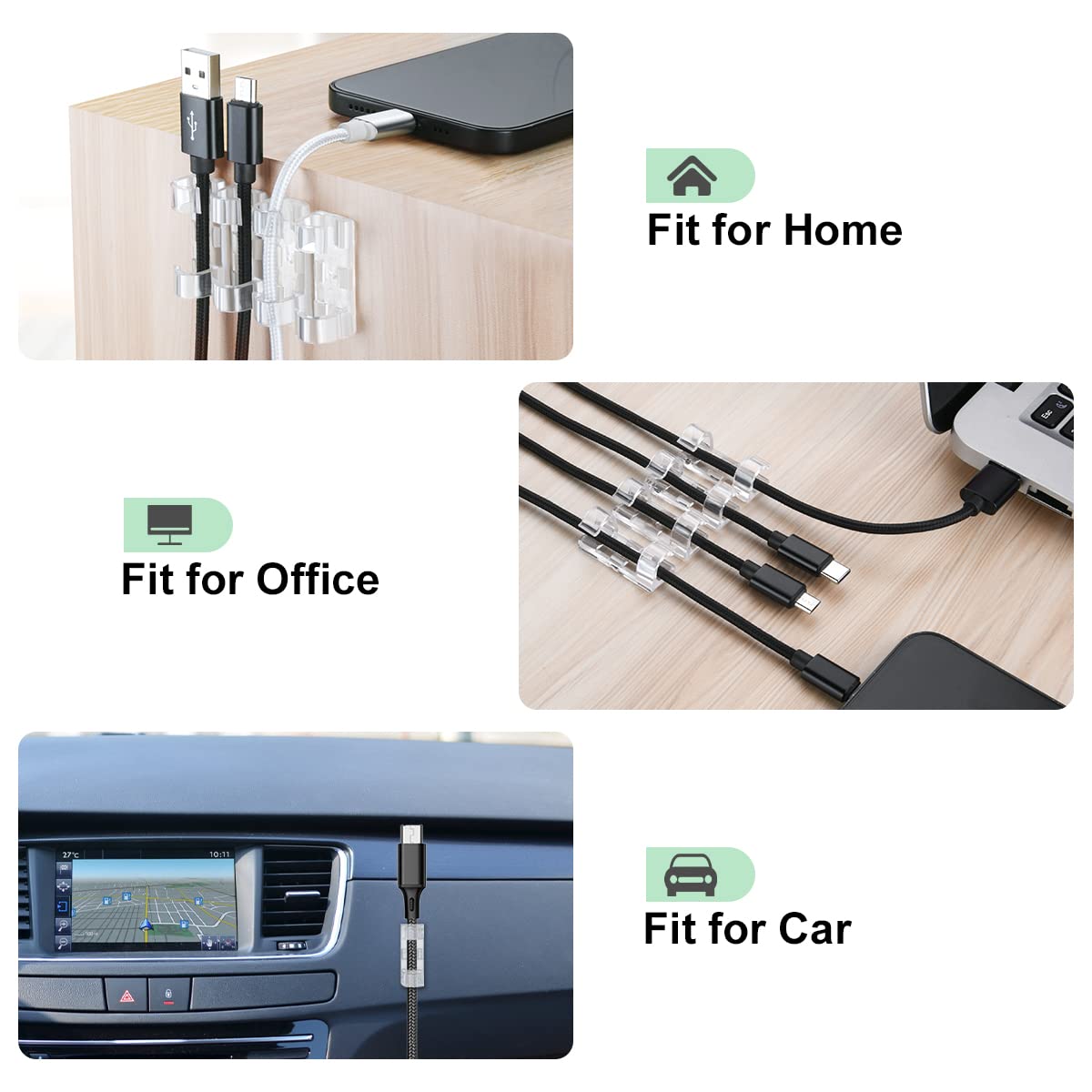 40 Pack Transparent Self-Adhesive Cable Clips, Cable Holders for Cords up to 7 mm on Desks, Walls and TV Units