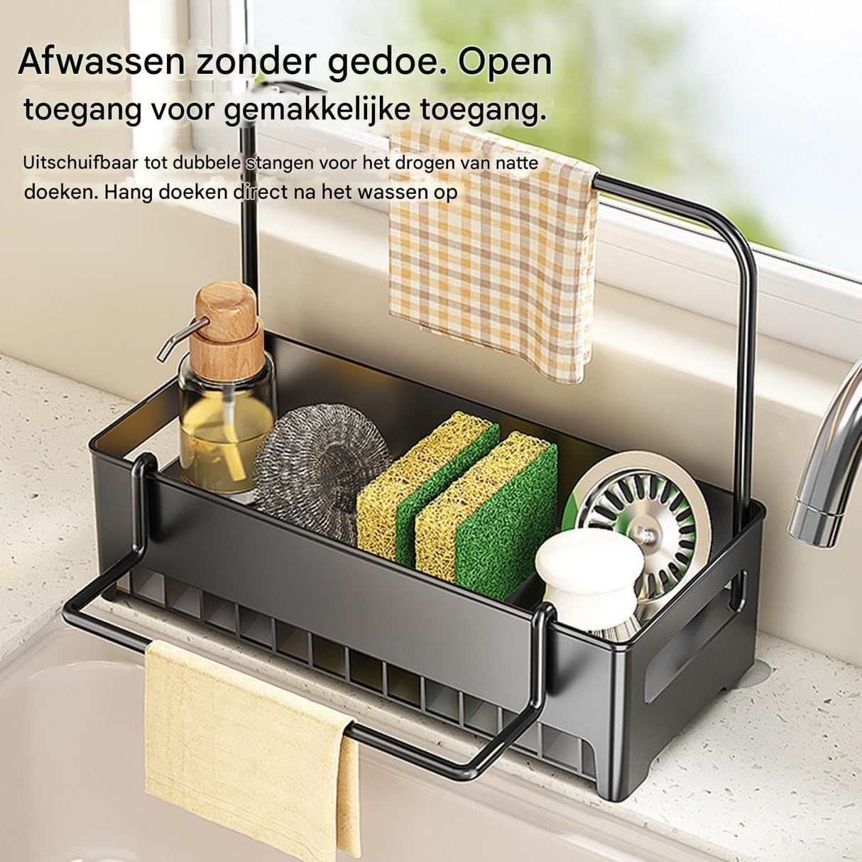 Kitchen Sink Organiser with Towel Rail, Countertop Sponge Holder and Draining Storage Rack for Brushes and Cloths, Black