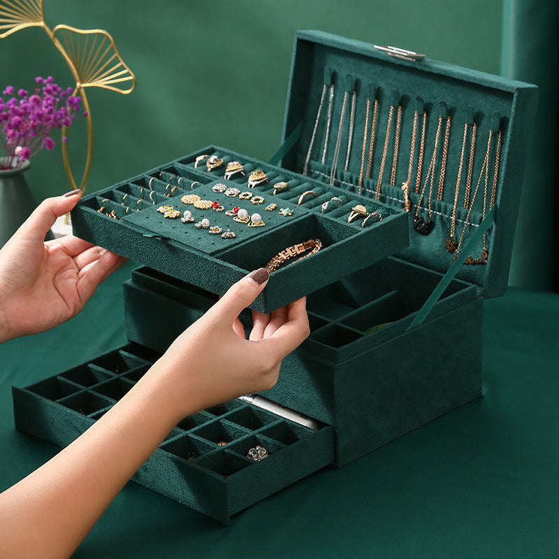 Velvet Jewelry Box with Lock - 3 Layers - Large Jewelry Organizer for Women - With Drawers & Compartments - Green