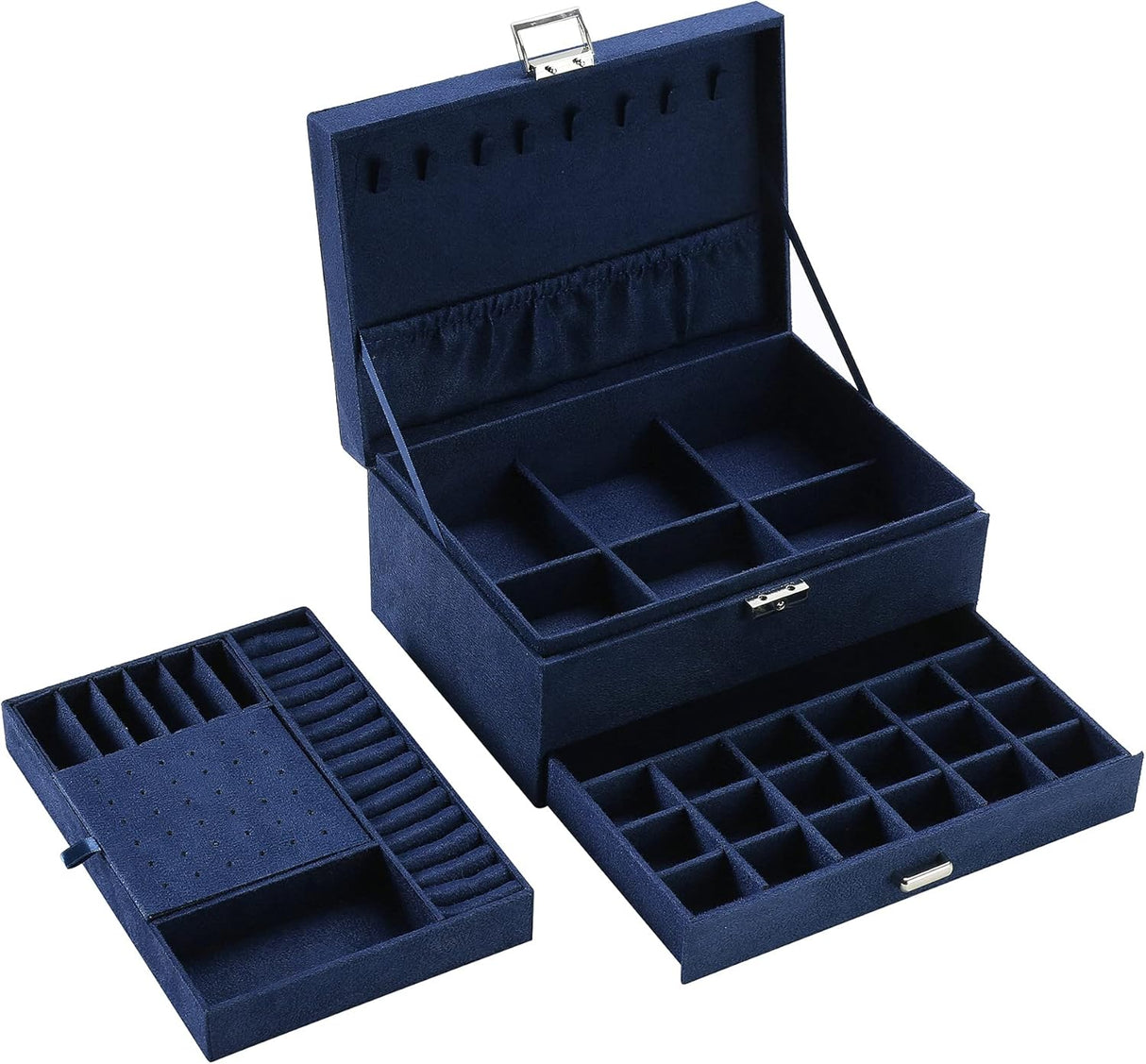 Velvet Jewelry Box with Lock - 3 Layers - Large Jewelry Organizer for Women - With Drawers & Compartments - Blue