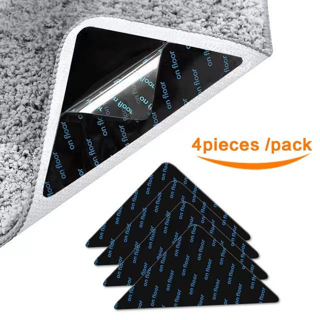 4 Pack Triangular Rug Grippers, Washable Reusable Non-Slip Carpet Corner Pads for Rugs, Mats and Floor Coverings, Black