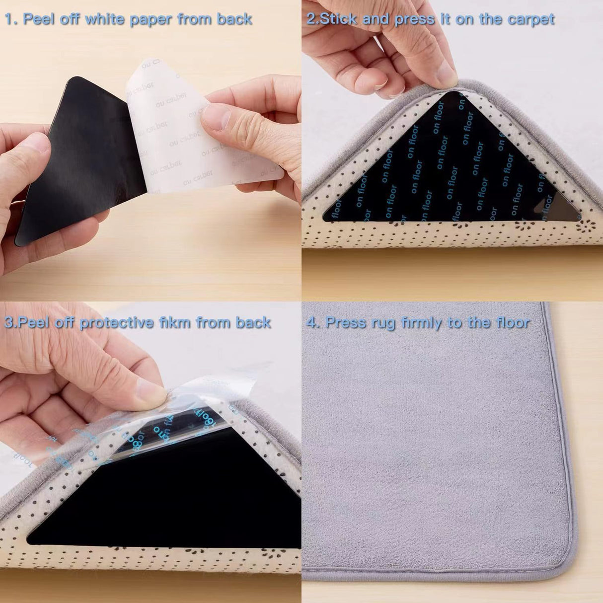 4 Pack Triangular Rug Grippers, Washable Reusable Non-Slip Carpet Corner Pads for Rugs, Mats and Floor Coverings, Black