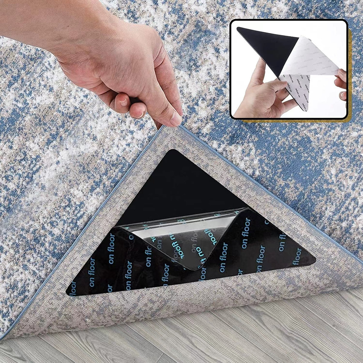 4 Pack Triangular Rug Grippers, Washable Reusable Non-Slip Carpet Corner Pads for Rugs, Mats and Floor Coverings, Black