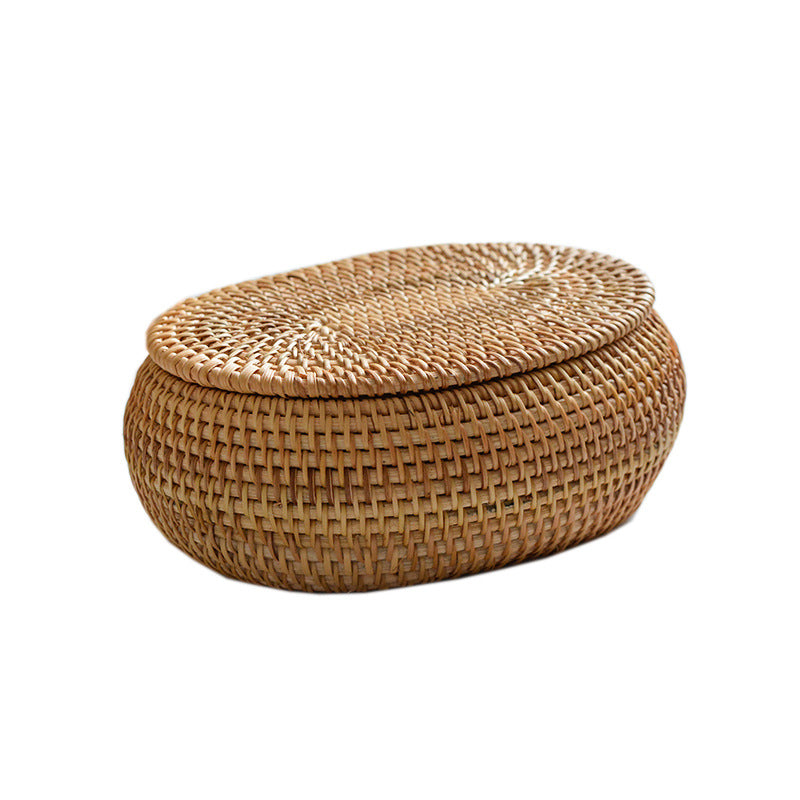 Handwoven Rattan Storage Basket with Lid, Multipurpose Tea and Bread Box for Kitchen, Bathroom, Picnic and Desk Organisation, Natural