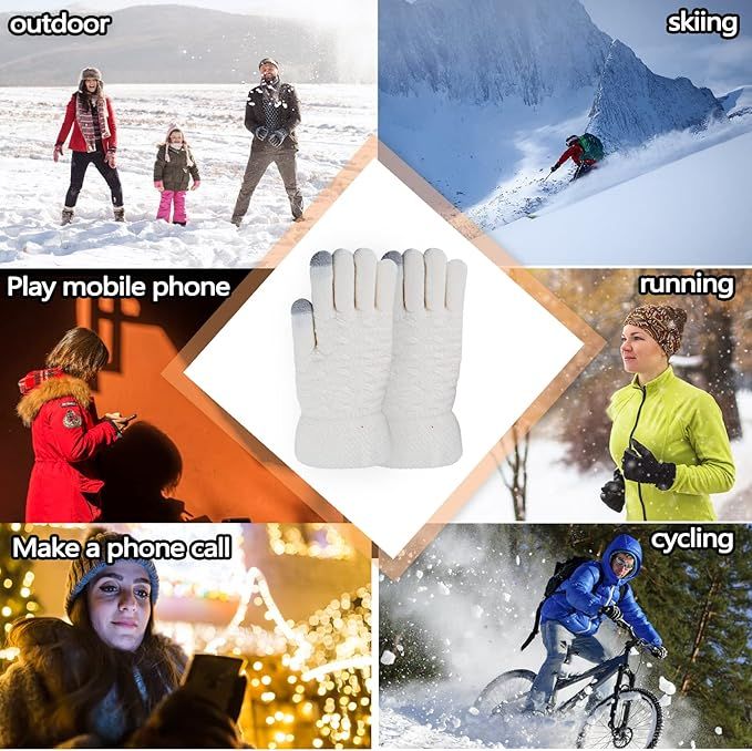 White Thermal Knitted Wool Touchscreen Mittens for Women with Fleece Lining, Thumb and Index Finger Compatibility for Smartphone and Tablet Use in Winter
