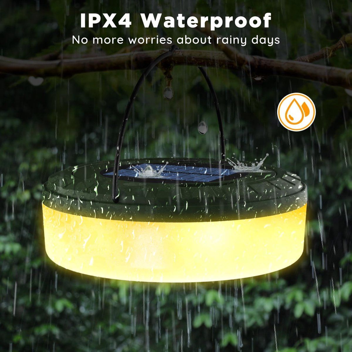 Camping Lamp, 2-in-1 Rechargeable Outdoor Lamp, Solar Power and USB Charging Function