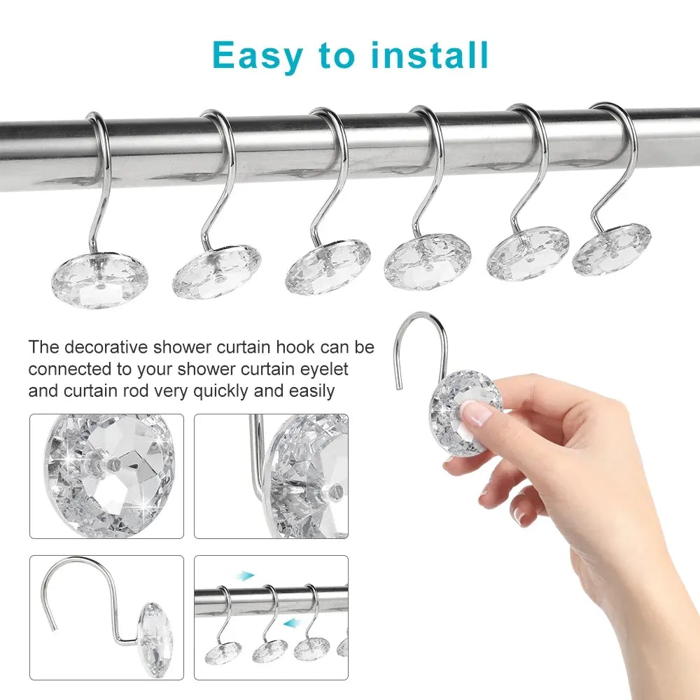 12 Pcs Shower Curtain Hooks Acrylic Crystal Diamond Decorative Rustproof Rings for Bathroom Rods White, Daily Comfort Use