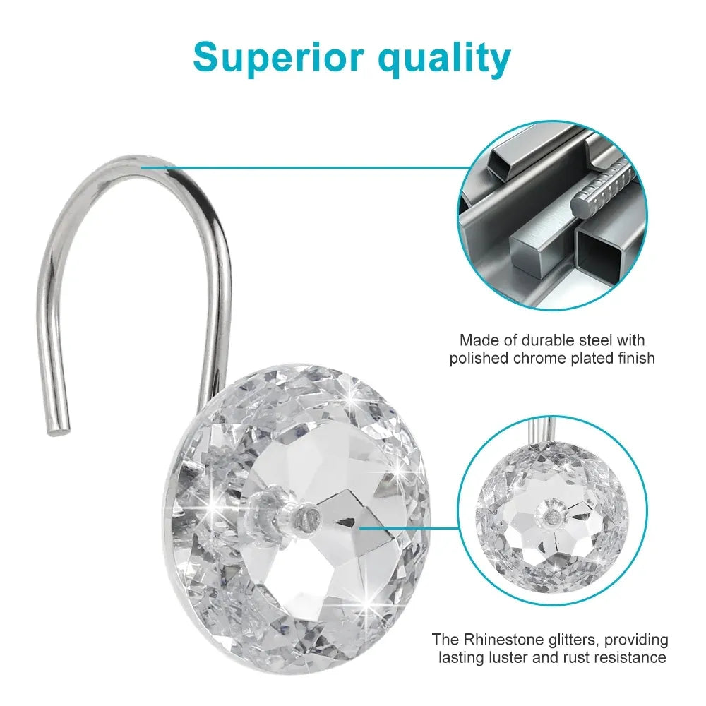 12 Pcs Shower Curtain Hooks Acrylic Crystal Diamond Decorative Rustproof Rings for Bathroom Rods White, Daily Comfort Use