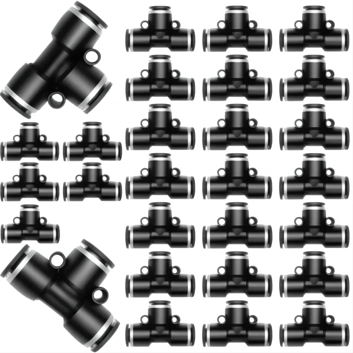 28 Pieces 1/4 Push to Connect Pneumatic Tee Union Fittings, Plastic T Shaped Quick Connect Air Hose Fittings for Air Line, Black 1/4 Inch OD