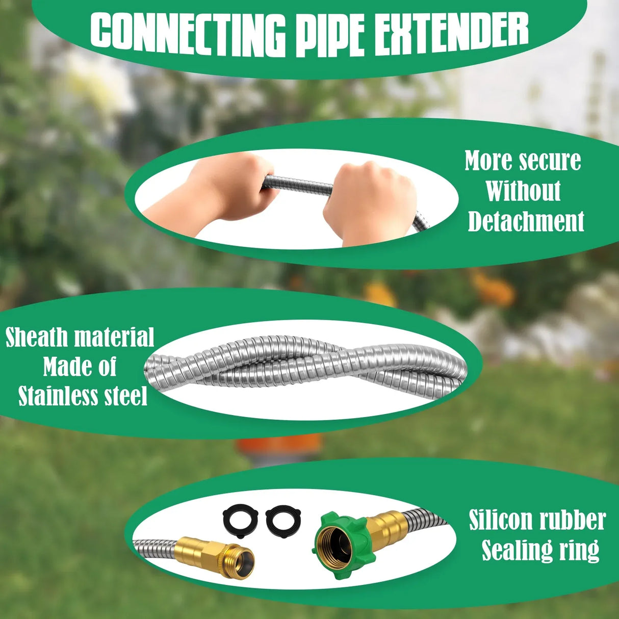 Garden Leader Hose, Stainless Steel Flexible Water Extension Pipe for Car Wash and Outdoor Use, 3 Ft, Stainless Steel Construction