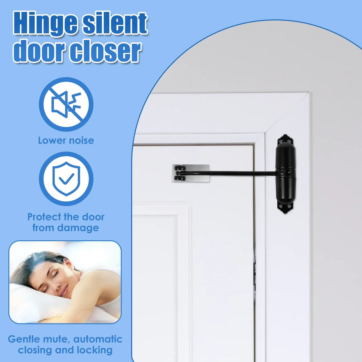 Automatic Double Spring Door Closer, Adjustable Heavy Duty Aluminum Alloy Safety Latch for Home Doors, Black, Aluminum Construction