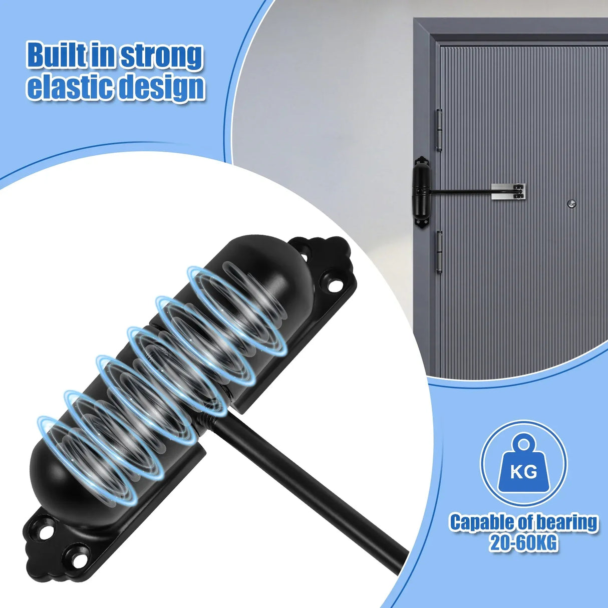 Automatic Double Spring Door Closer, Adjustable Heavy Duty Aluminum Alloy Safety Latch for Home Doors, Black, Aluminum Construction