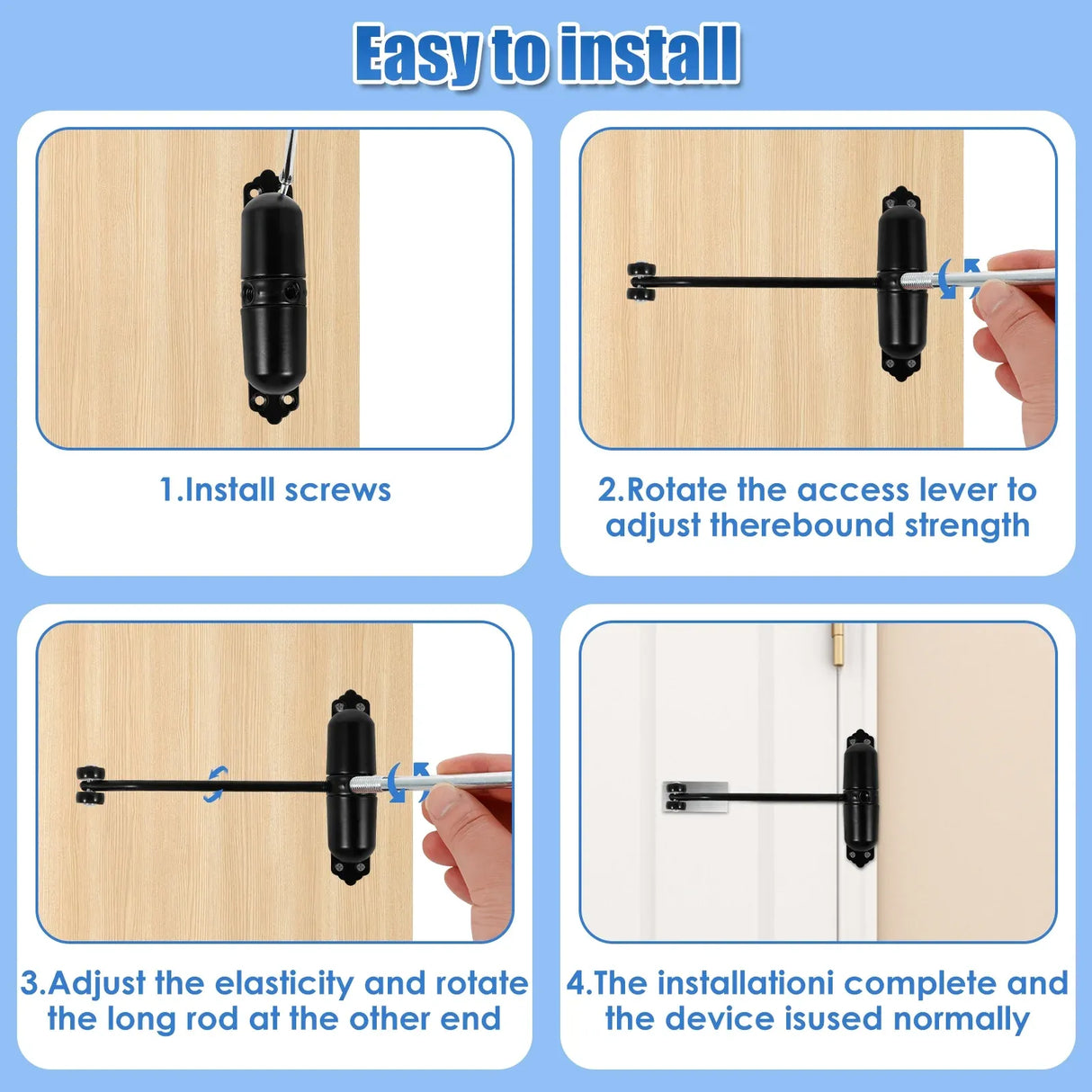Automatic Double Spring Door Closer, Adjustable Heavy Duty Aluminum Alloy Safety Latch for Home Doors, Black, Aluminum Construction