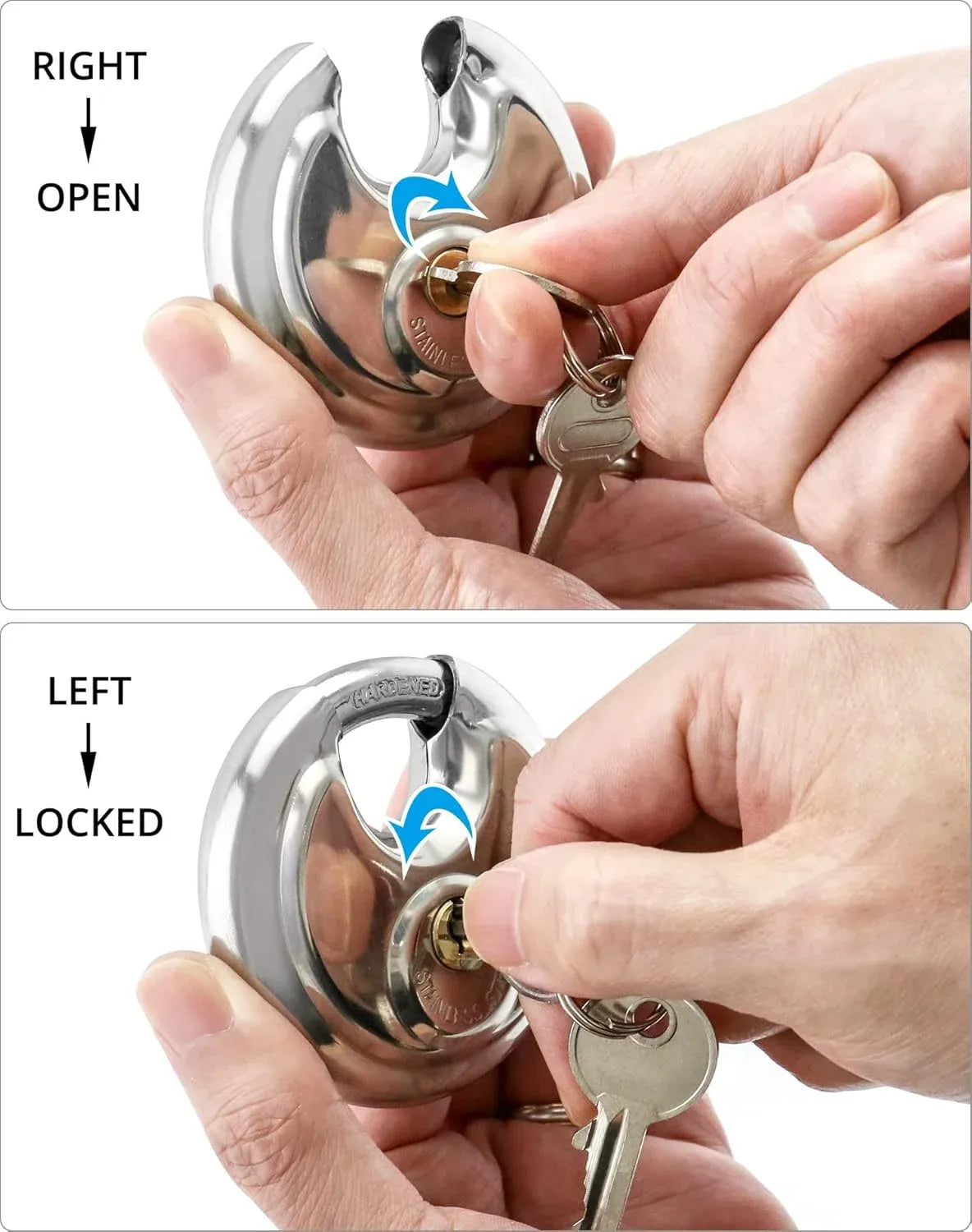 Keyed Alike Disc Padlock 4 Pack, Stainless Steel Discus Lock with 3/8 Inch Shackle for Garages, Fences, Sheds, Storage Units, 2-3/4 In