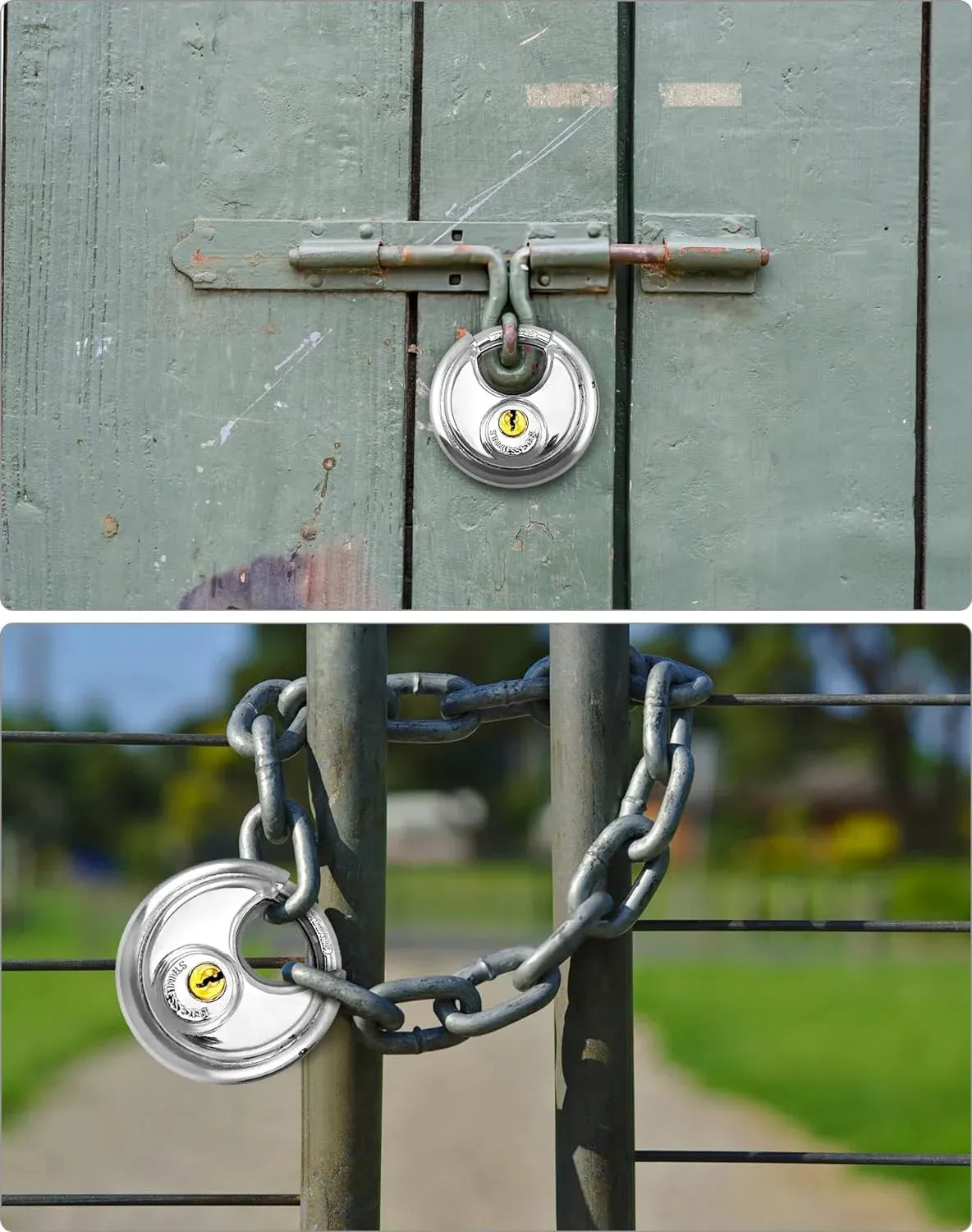 Keyed Alike Disc Padlock 4 Pack, Stainless Steel Discus Lock with 3/8 Inch Shackle for Garages, Fences, Sheds, Storage Units, 2-3/4 In