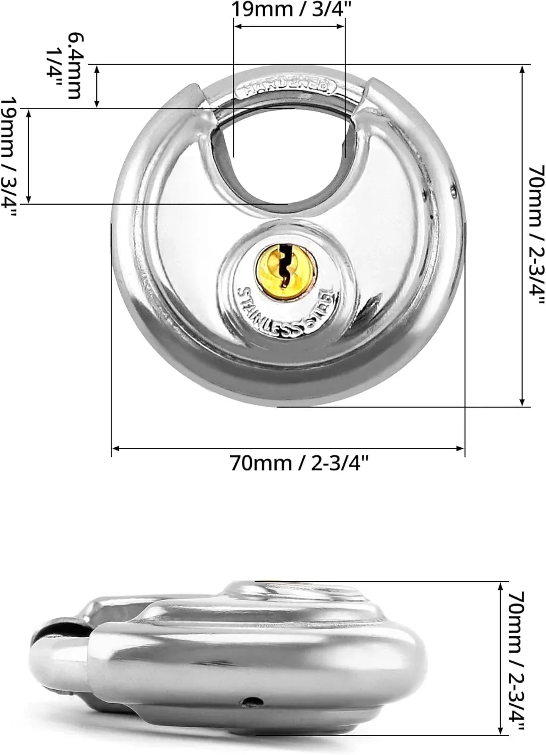 Keyed Alike Disc Padlock 4 Pack, Stainless Steel Discus Lock with 3/8 Inch Shackle for Garages, Fences, Sheds, Storage Units, 2-3/4 In