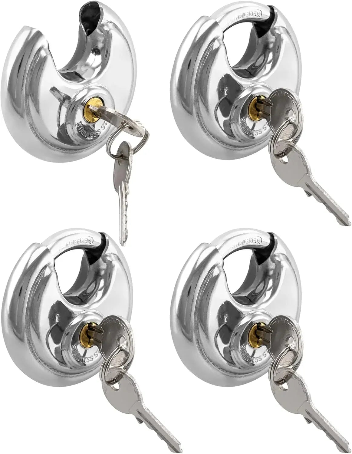 Keyed Alike Disc Padlock 4 Pack, Stainless Steel Discus Lock with 3/8 Inch Shackle for Garages, Fences, Sheds, Storage Units, 2-3/4 In