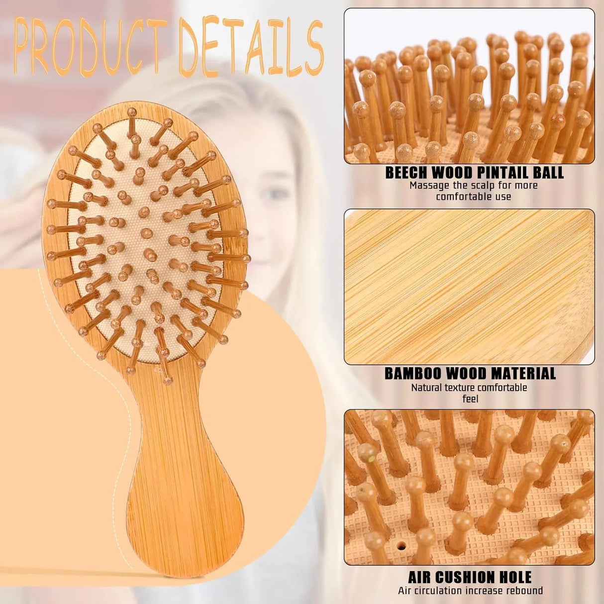 2 Pcs Mini Bamboo Hair Brush Set, Anti Static Detangling Scalp Massage Pocket Comb for Daily Hair Care, Natural Wood