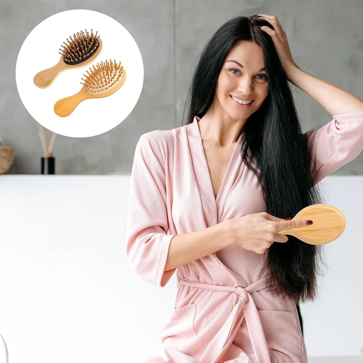 2 Pcs Mini Bamboo Hair Brush Set, Anti Static Detangling Scalp Massage Pocket Comb for Daily Hair Care, Natural Wood