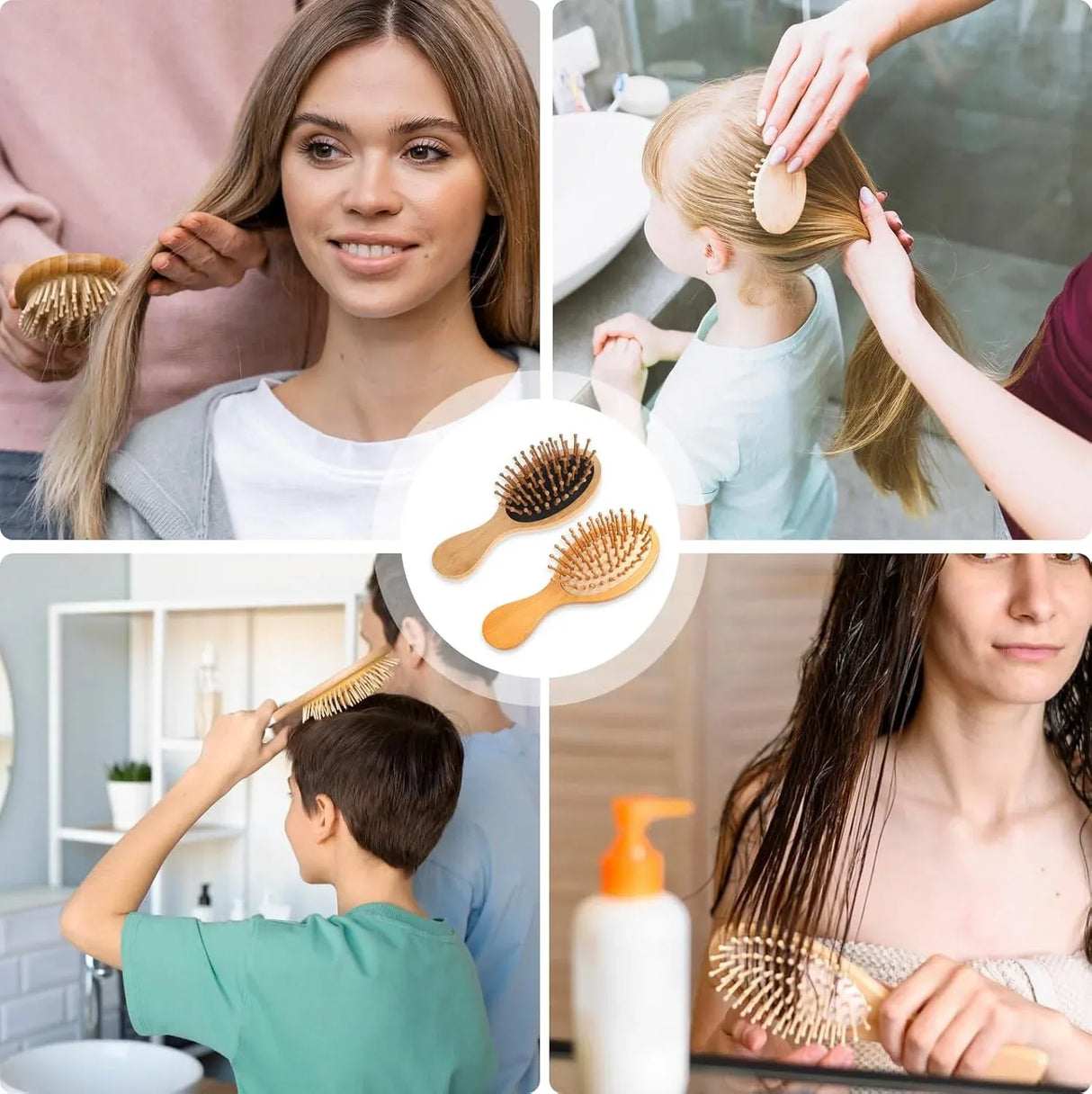 2 Pcs Mini Bamboo Hair Brush Set, Anti Static Detangling Scalp Massage Pocket Comb for Daily Hair Care, Natural Wood
