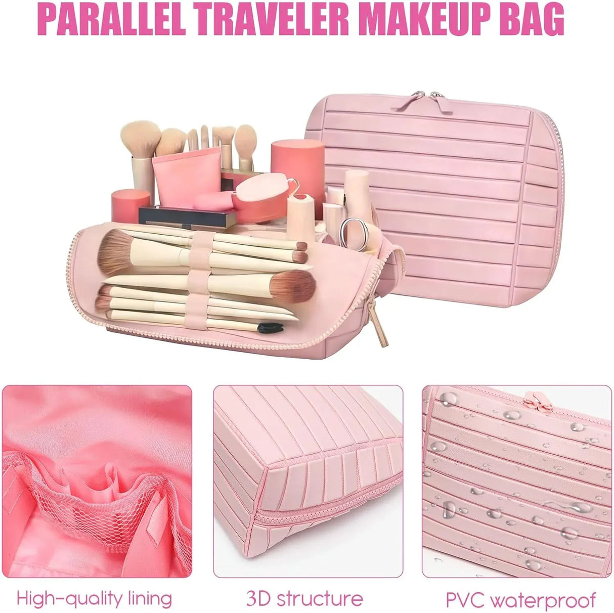 Travel Makeup Bag for Women, Foldable Waterproof Toiletry Organizer with Compartments for Skincare and Toiletries, Pink
