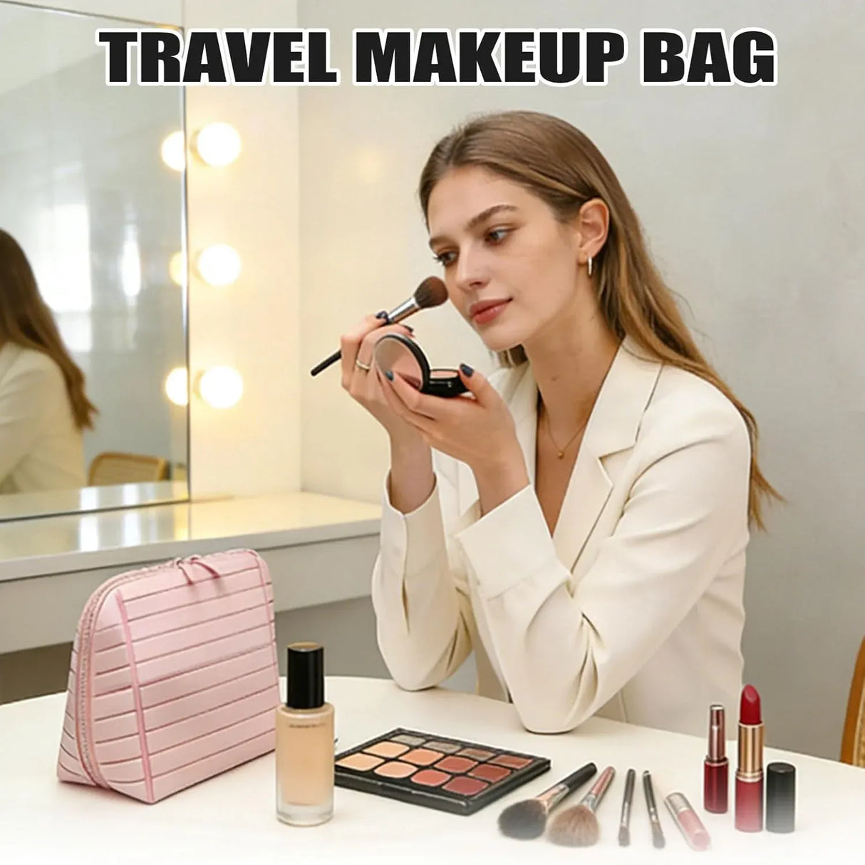 Travel Makeup Bag for Women, Foldable Waterproof Toiletry Organizer with Compartments for Skincare and Toiletries, Pink