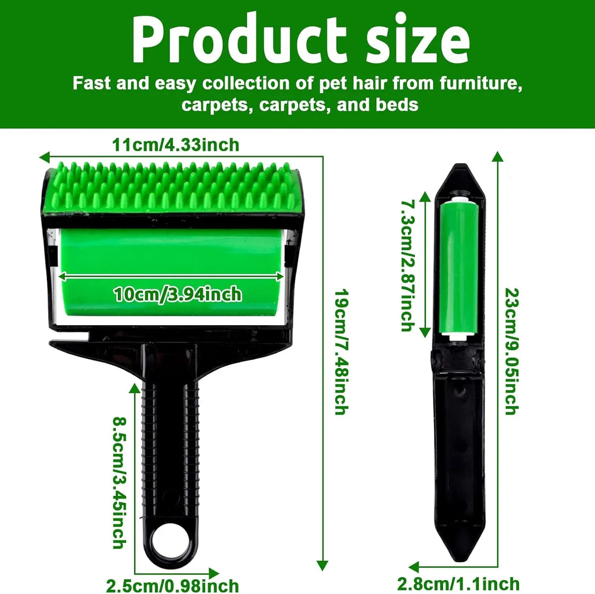 3 In 1 Pet Hair Remover, Reusable Washable Silicone Lint Roller for Couches Carpets and Clothing, Green Black, Daily Comfort Use