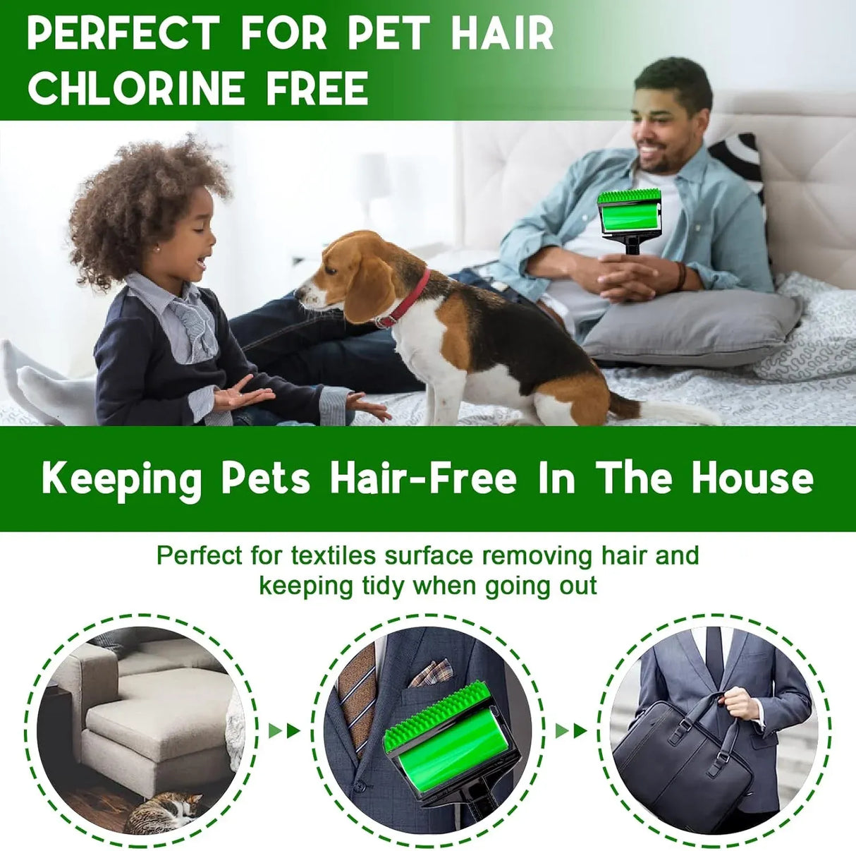 3 In 1 Pet Hair Remover, Reusable Washable Silicone Lint Roller for Couches Carpets and Clothing, Green Black, Daily Comfort Use