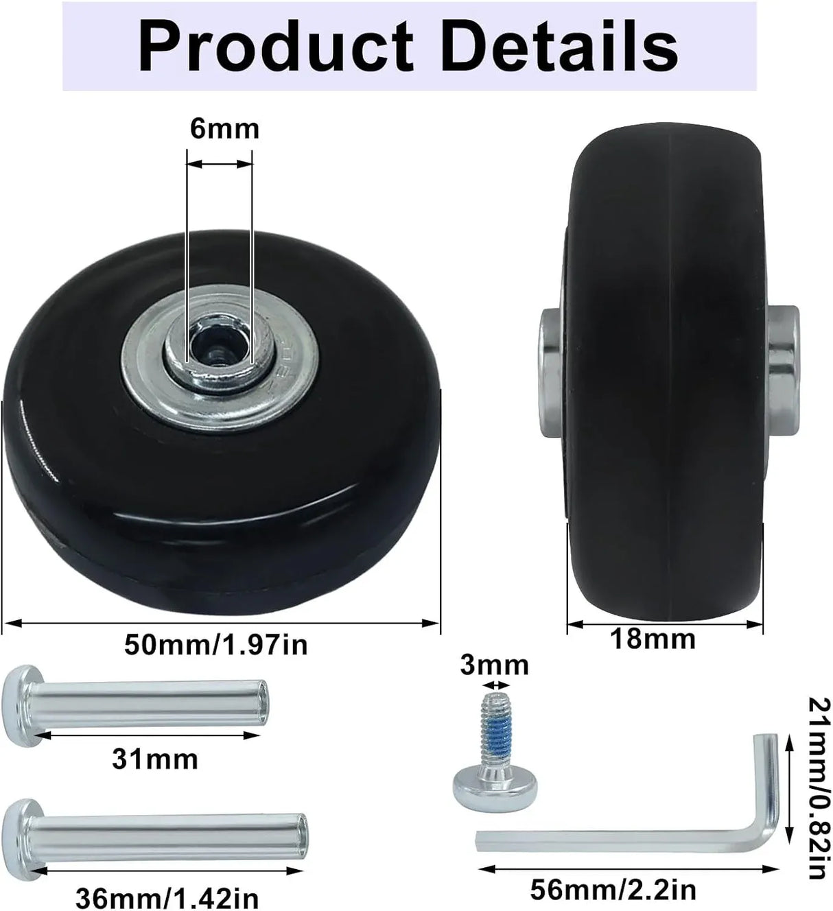 Luggage Replacement Wheels, Rubber Suitcase Repair Caster Kit with Ball Bearings for Travel Luggage, Heavy Duty, 50 x 18 mm, 4 Pack
