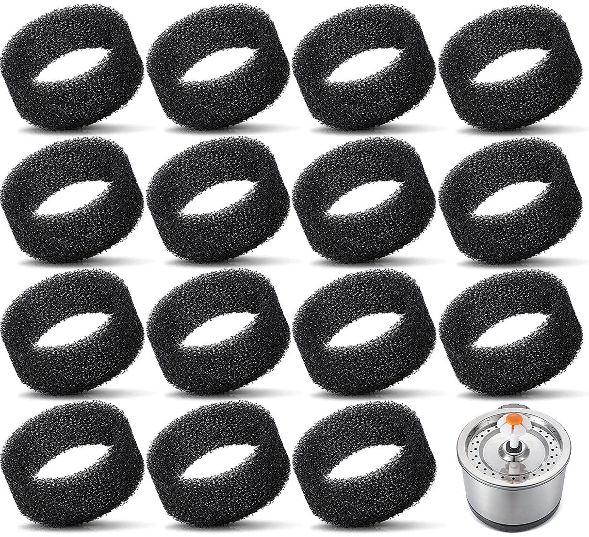 Pet Fountain Foam Filters, 16 Pack Round Sponge Replacement Filters for 2.5L 84 oz Stainless Steel Cat Fountain, Black