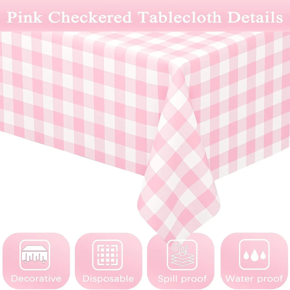 2 Pack Rectangular Plastic Tablecloth, Disposable Pink and White Gingham Checkered Table Cover for Parties, Picnics and Weddings, 54 x 108 Inch