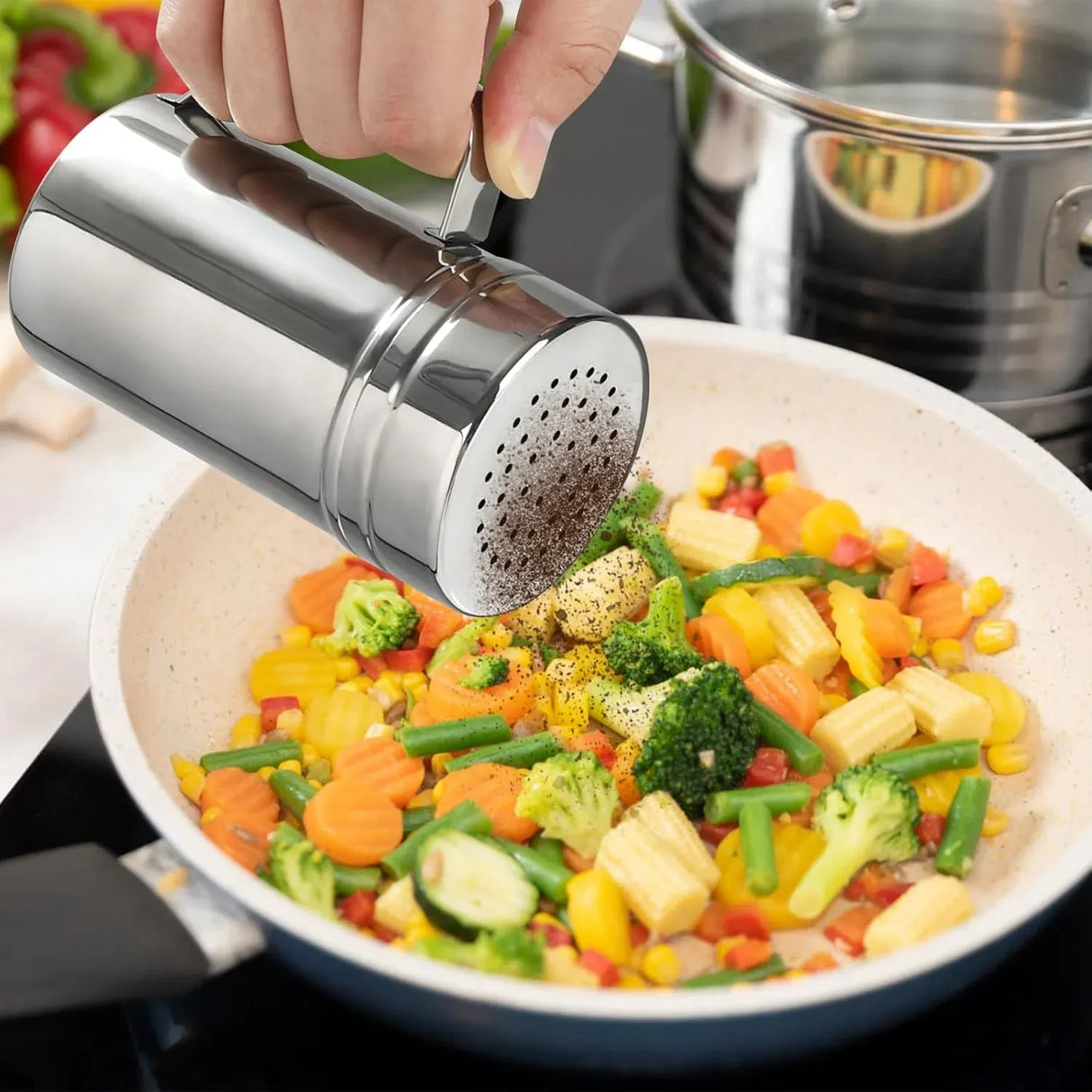 2 Pack Stainless Steel Salt and Pepper Dredge Shakers with Handle and Spice Lids for Kitchen and Dining 14 Ounce