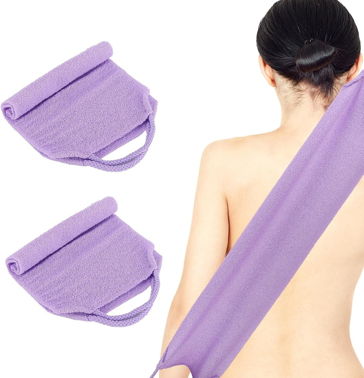 2 Pcs Exfoliating Back Scrubber Towel with Handles, Nylon Body Washcloth for Shower, Men Women, Purple, Daily Comfort Use