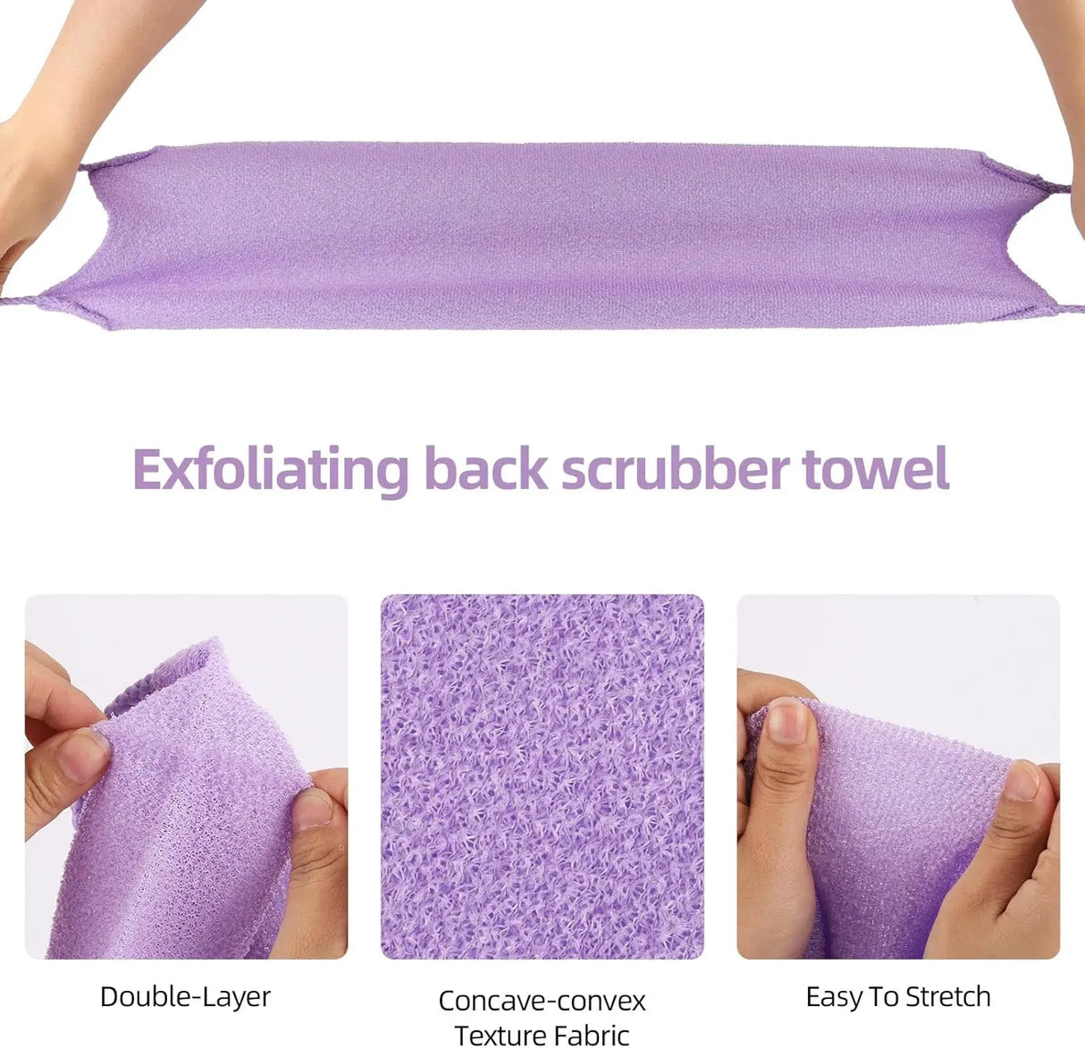 2 Pcs Exfoliating Back Scrubber Towel with Handles, Nylon Body Washcloth for Shower, Men Women, Purple, Daily Comfort Use