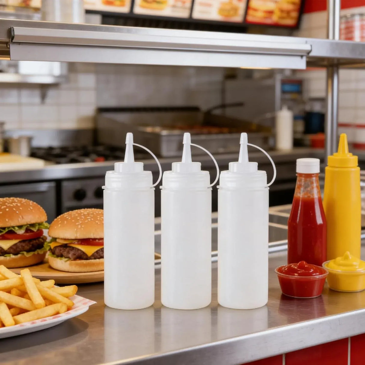 Plastic Condiment Squeeze Bottles 3 Pack with Tip Caps, 32 Oz for Sauce Ketchup Mustard and Olive Oil, White, Durable Plastic Construction