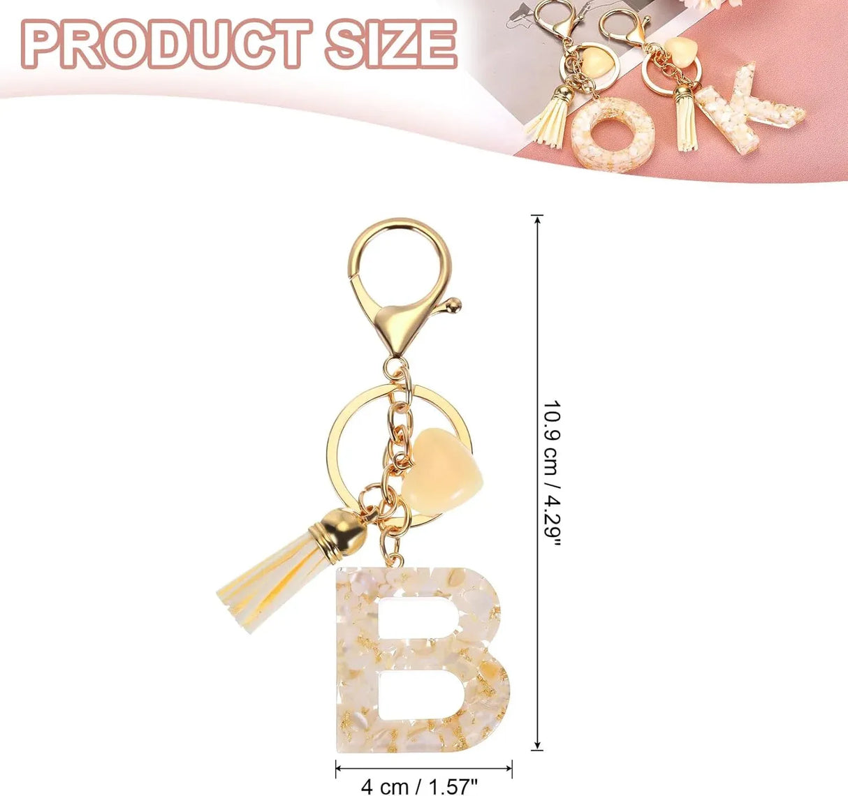 Initial B Keychain with Tassel and Bead Charm for Bag Purse Backpack Keys, Gold Tone Beige, Daily Comfort Use, for Men Women and Everyday Wear