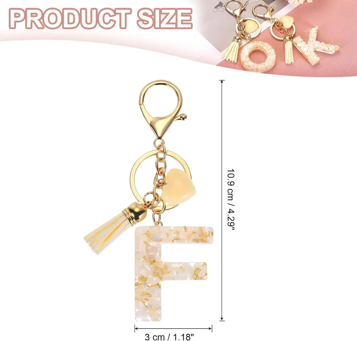 Letter F Keychain Charm with Tassel and Lobster Clasp for Bag Purse Keys, Pearl White and Gold, Daily Comfort Use