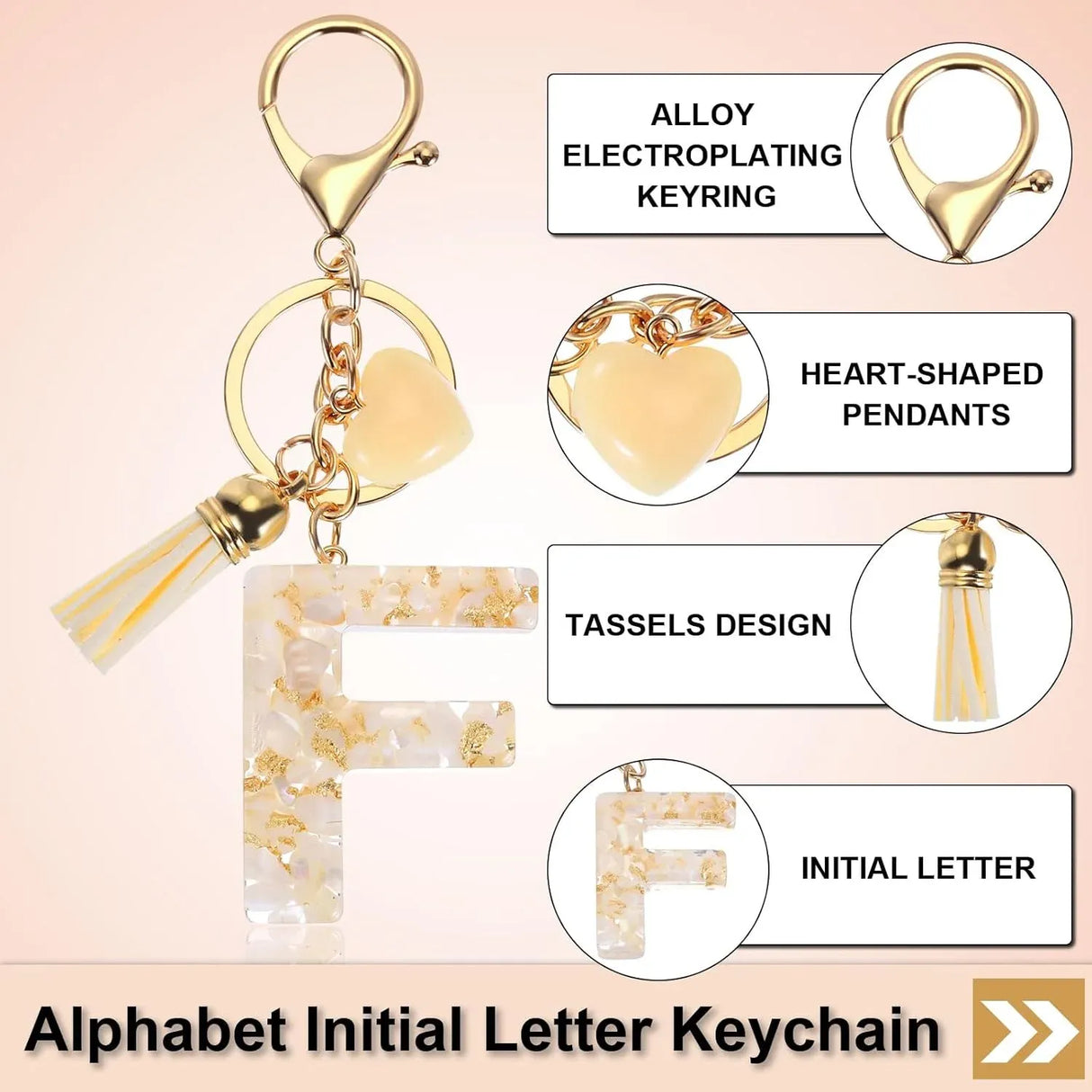 Letter F Keychain Charm with Tassel and Lobster Clasp for Bag Purse Keys, Pearl White and Gold, Daily Comfort Use