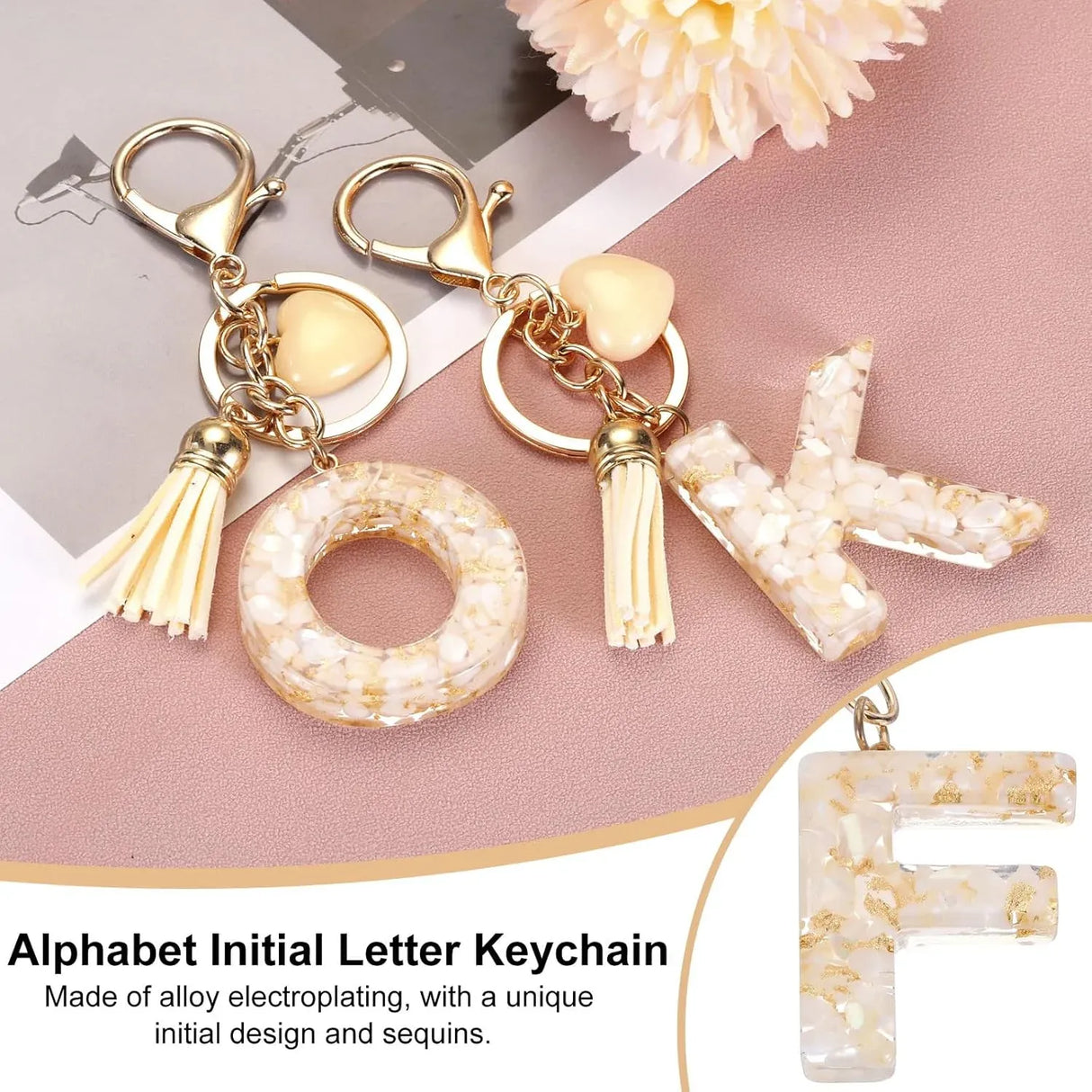 Letter F Keychain Charm with Tassel and Lobster Clasp for Bag Purse Keys, Pearl White and Gold, Daily Comfort Use