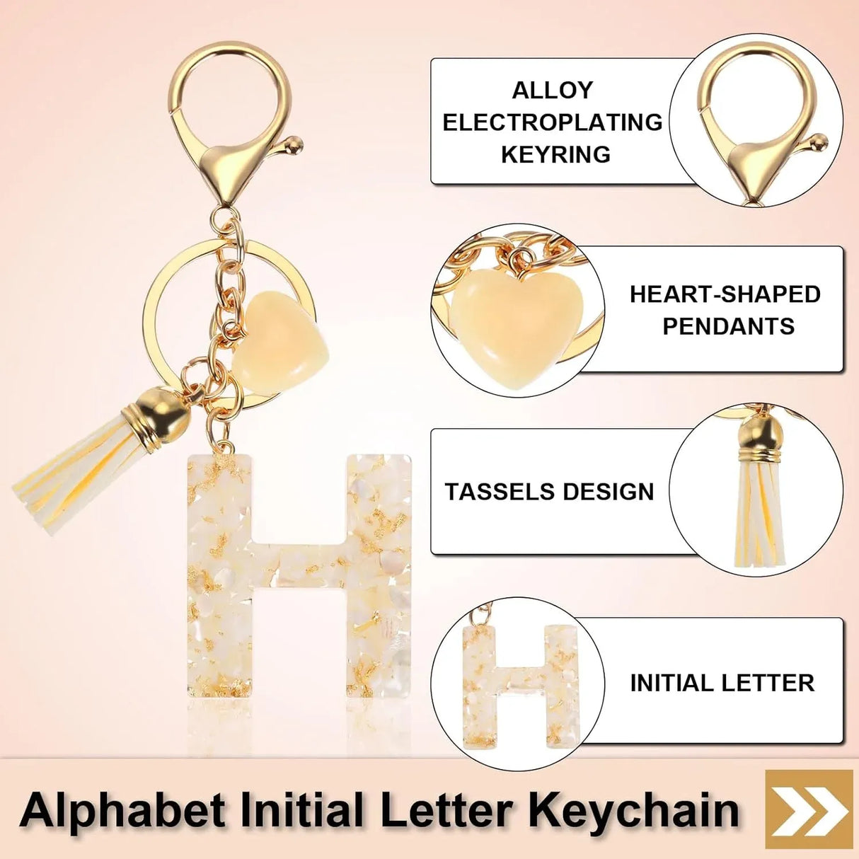 Initial H Letter Keychain with Tassel Charm for Keys Bag Purse Accessories, Cream and Gold, Daily Comfort Use, for Men Women and Everyday Wear