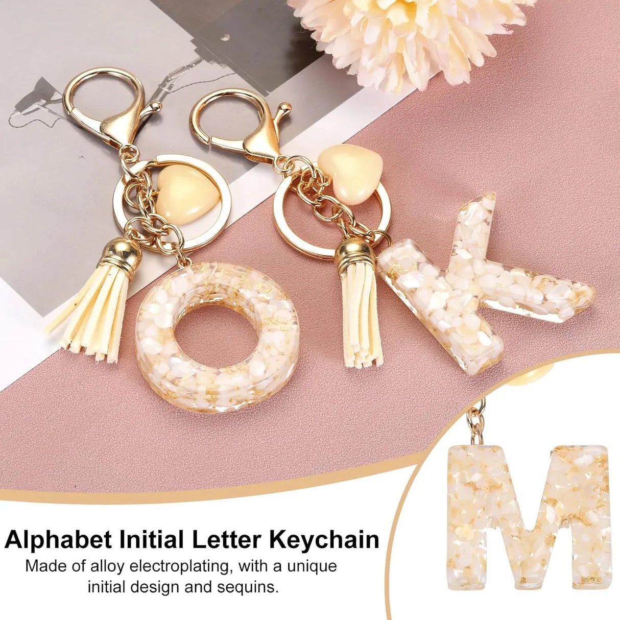 Initial Letter Keychain with Tassel and Gold Tone Clasp for Bags and Keys Cream Gold M, Letter M Option, Daily Comfort Use