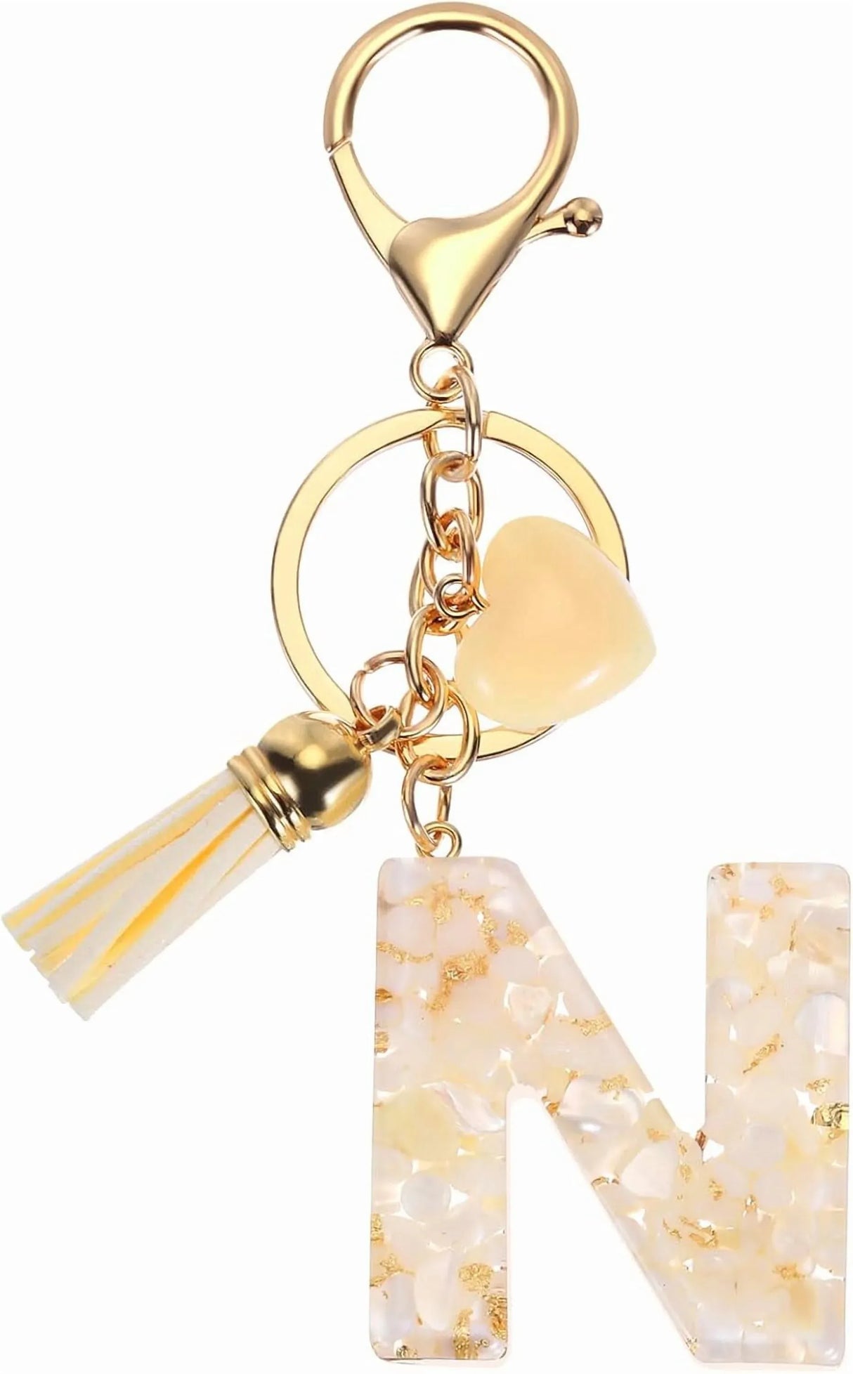 Initial Letter Resin Keychain with Tassel and Lobster Clasp for Bag Purse Backpack Accessories, N Gold Tone, Daily Comfort Use