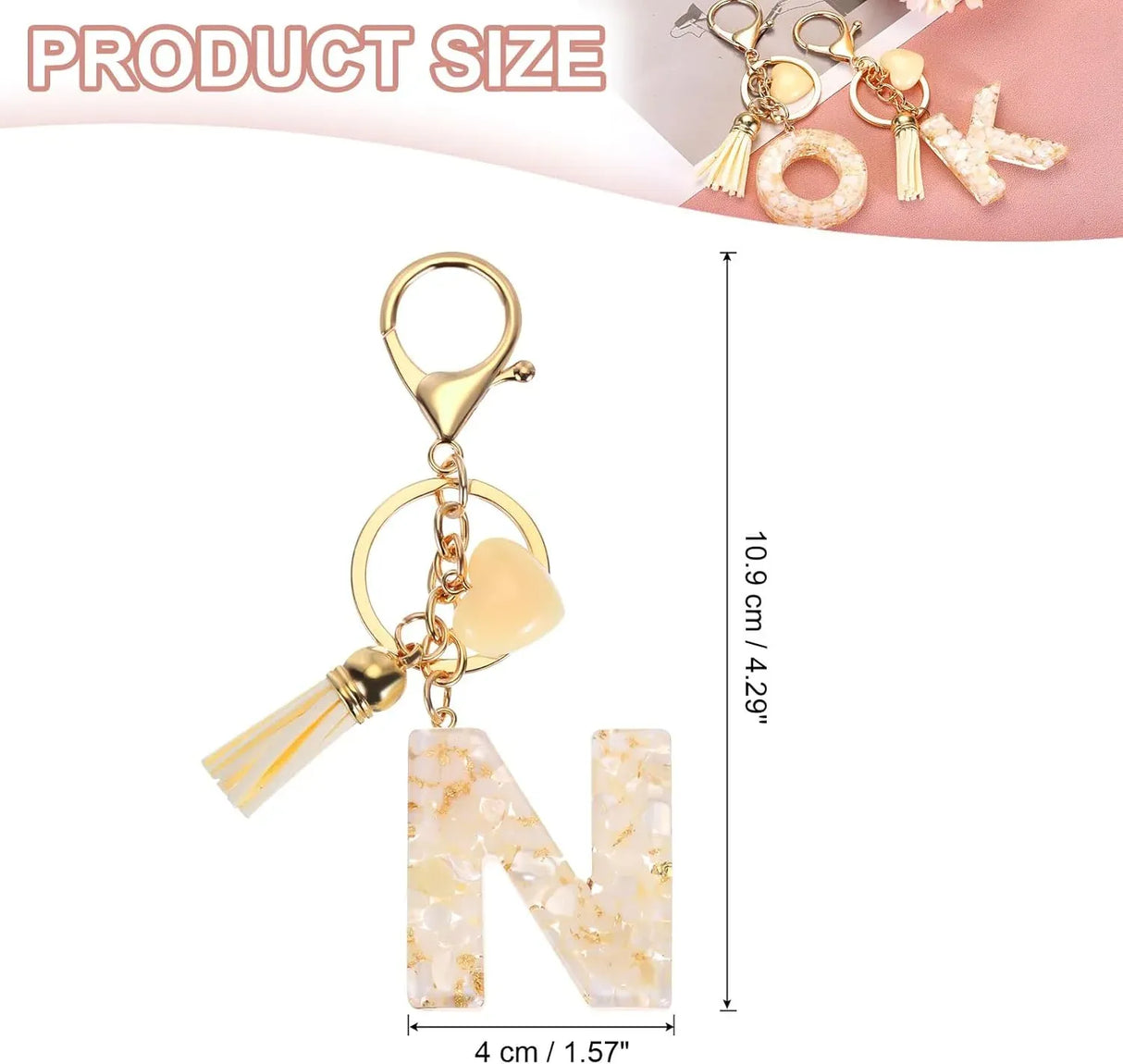 Initial Letter Resin Keychain with Tassel and Lobster Clasp for Bag Purse Backpack Accessories, N Gold Tone, Daily Comfort Use