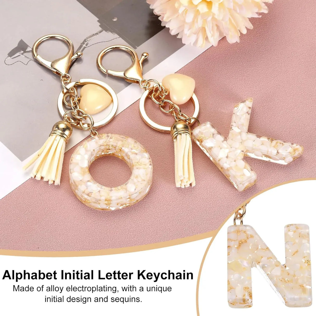 Initial Letter Resin Keychain with Tassel and Lobster Clasp for Bag Purse Backpack Accessories, N Gold Tone, Daily Comfort Use