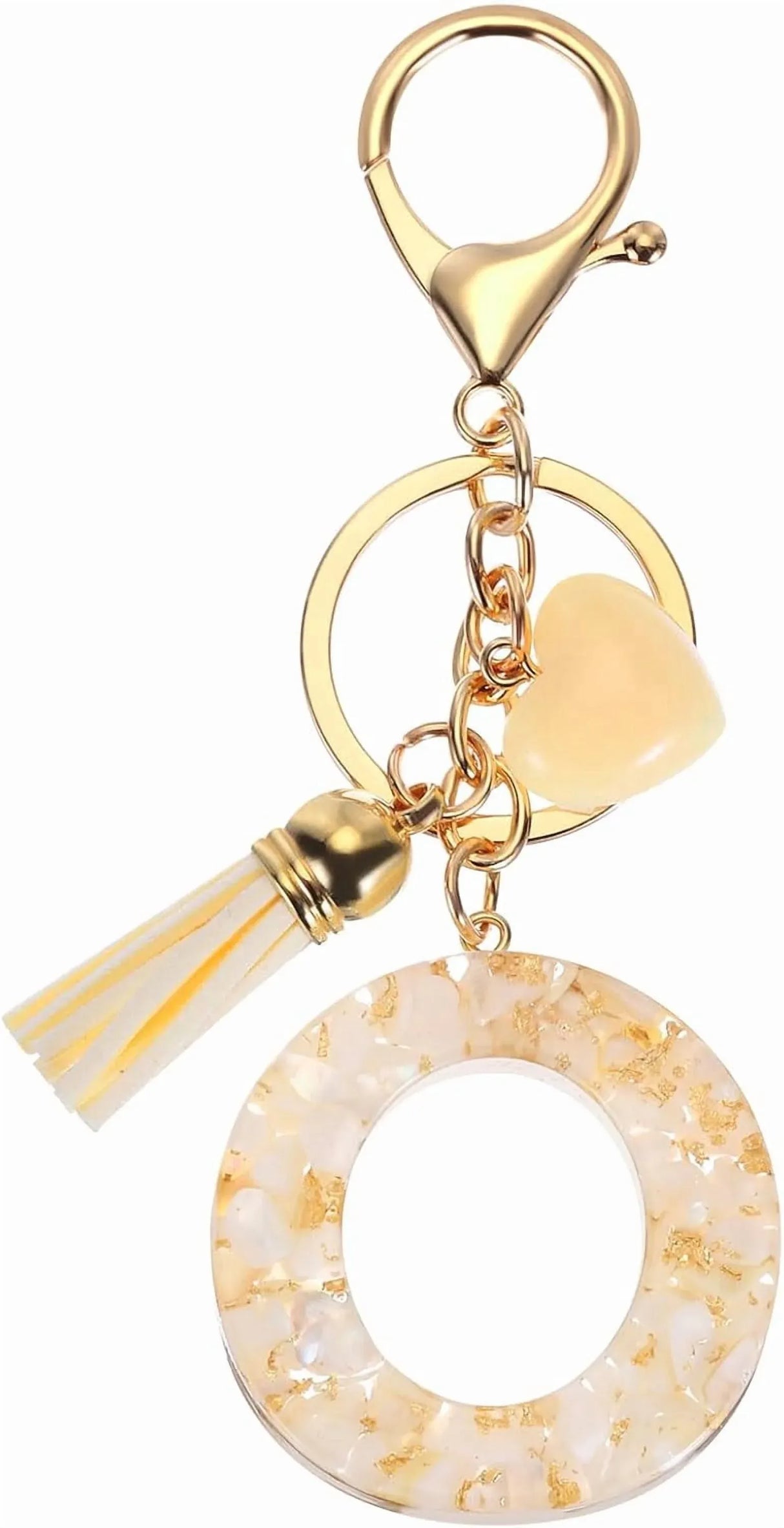 Resin Circle Keychain with Tassel and Lobster Clasp for Women Bags and Car Keys Cream Gold Tone, Letter O Option