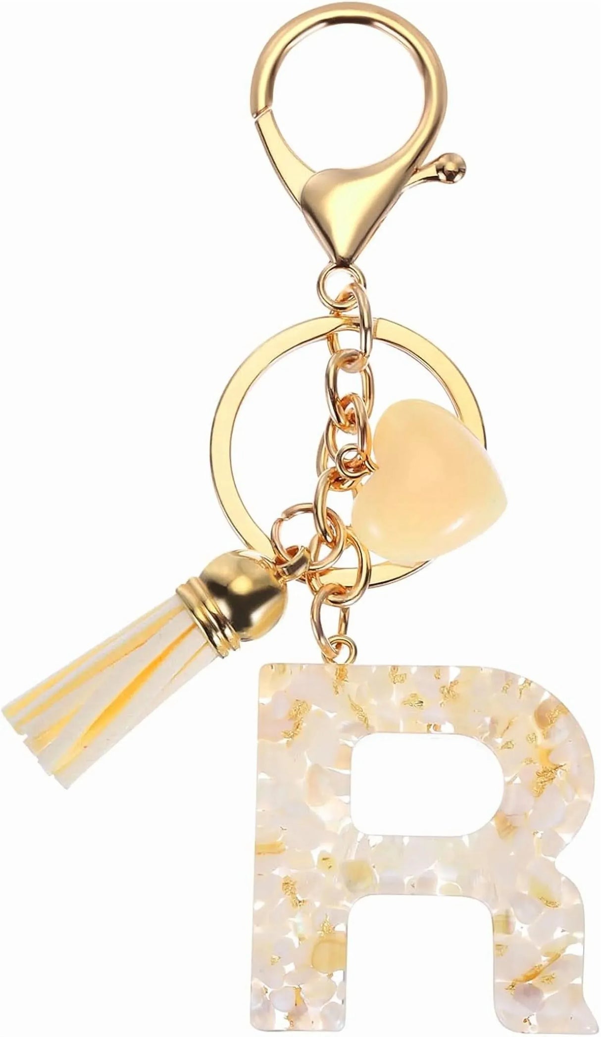 Letter R Keychain with Tassel and Gold Tone Clasp for Bags and Keys Cream White, Daily Comfort Use, for Men Women and Everyday Wear