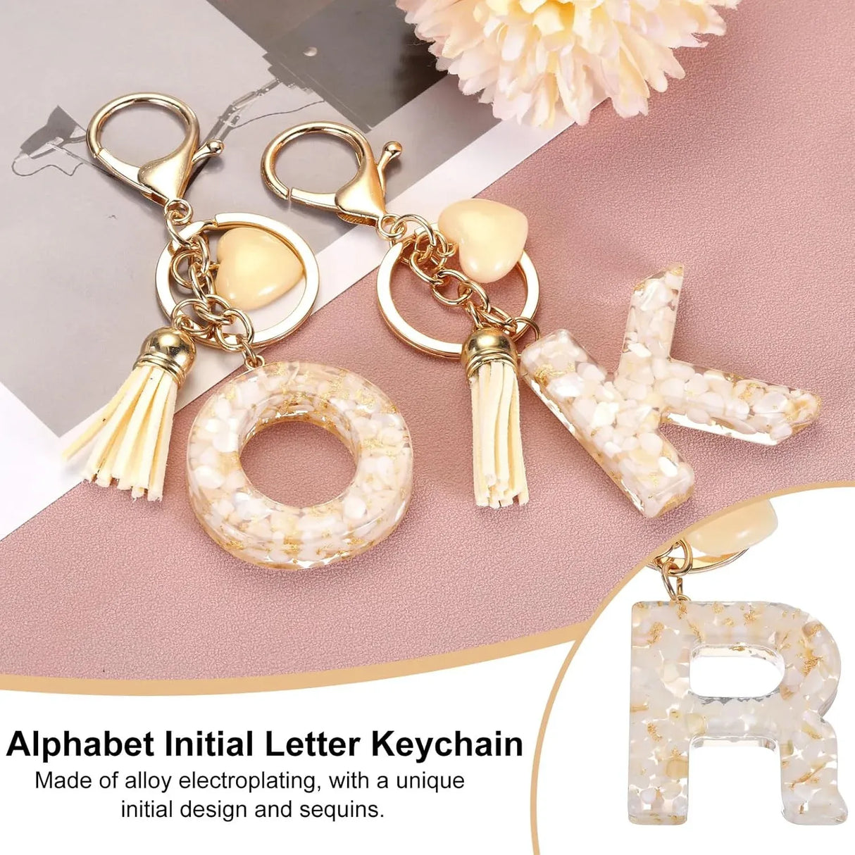 Letter R Keychain with Tassel and Gold Tone Clasp for Bags and Keys Cream White, Daily Comfort Use, for Men Women and Everyday Wear