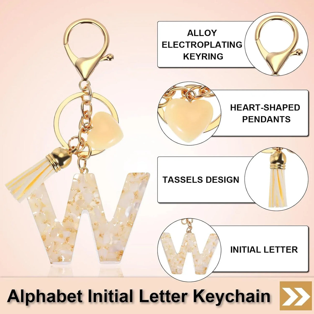 Letter W Initial Keychain with Tassel and Bead Charm for Women Girls Handbag Keys Accessory Gold Tone, Daily Comfort Use
