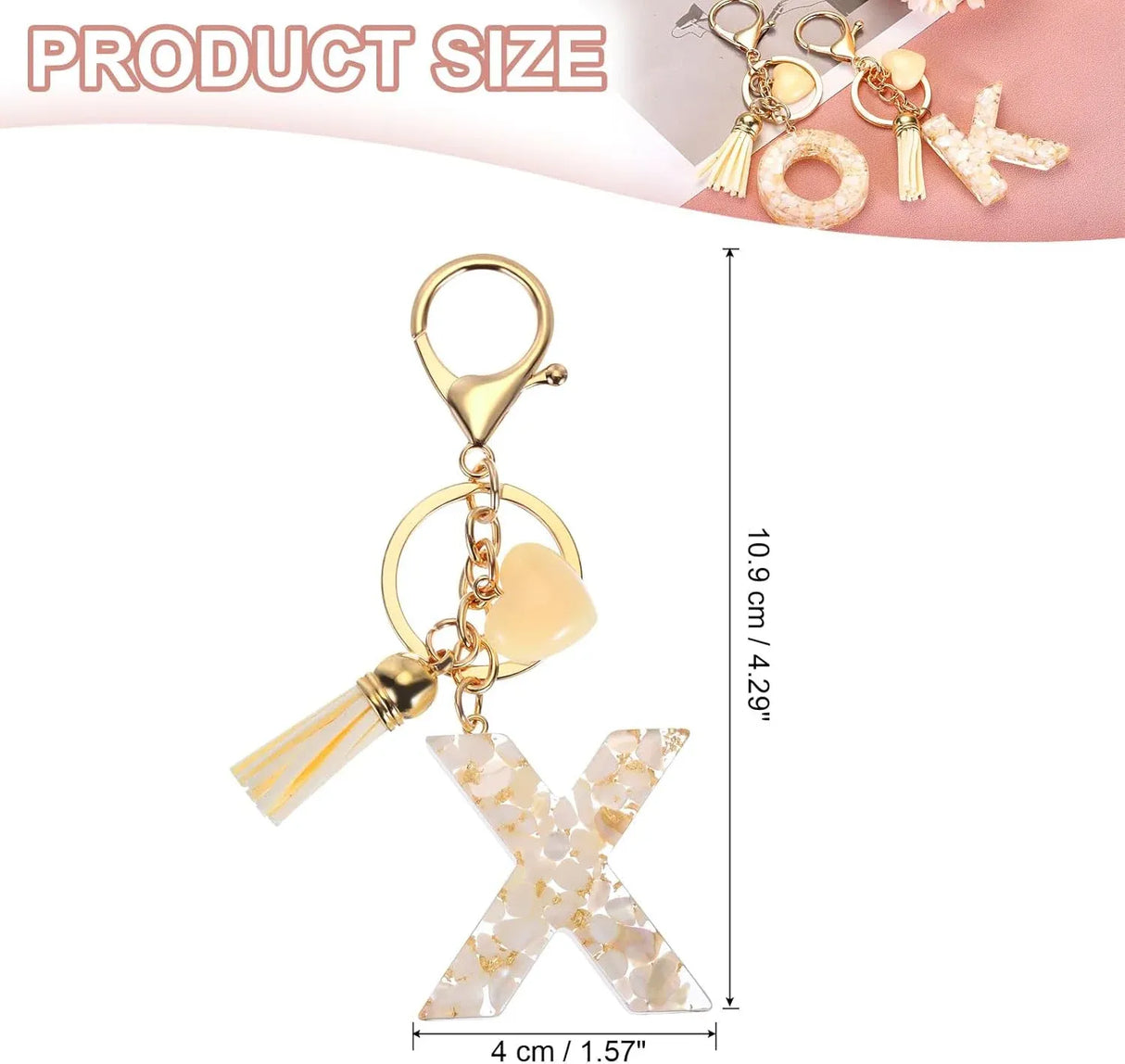 Letter X Keychain Charm with Tassel and Bead, Gold Tone Initial Bag Pendant for Keys and Handbags, Cream White