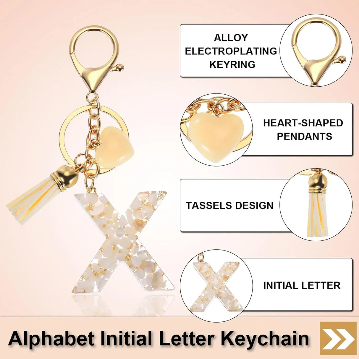 Letter X Keychain Charm with Tassel and Bead, Gold Tone Initial Bag Pendant for Keys and Handbags, Cream White